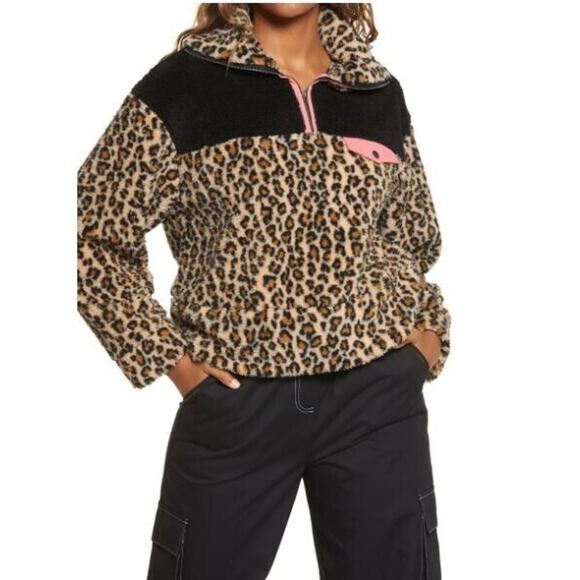 BP. Women's Leopard Colorblock Fleece Pullover in Tan Dale Leopard XXS $55 - Picture 1 of 6